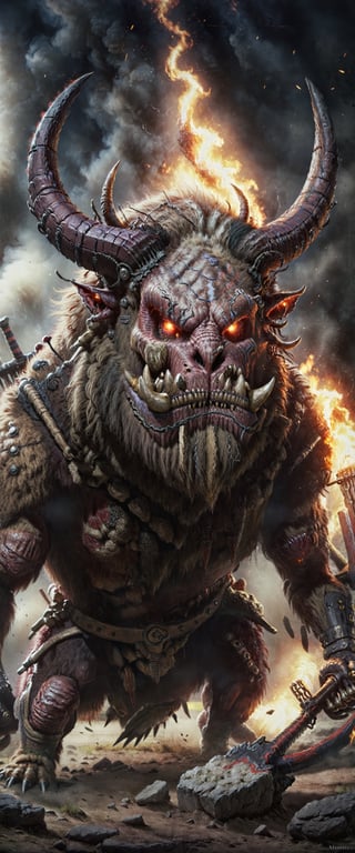 Extremely detailed photo of berserker Taurus monster, icreated only for hunting and killing, majestic look into viewer, lenkaizm, cinematic color grading, howling, release fire and smoke from mouth, menacing appearance, best quality, intricate detailed, dust, electricity current, (((realistic, high_res, 16k, HDR, UHD))) ,monster