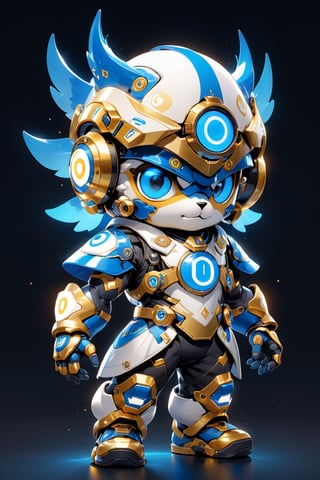 Create a digital mascot cyber justice with specs a blue and white eye mascot with neon wiring and translucent eye visor chip and circuitry, put a  helmet visor with gold and metallic translucent glass in the forehead, in the style of futuristic mascot, some translucent electrical wiring and gold metal bolt to form a majestic component formation on this mascot body, (((put number 10 on body))), This mascot shall be a luck totem and bless the owner with endless creativity in order to create a better digital world for Artificial intelligence Artist in the world! ***LENKAIZM***