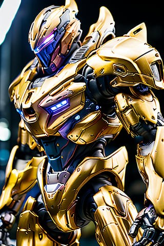 ((masterpiece)), ((best quality)), 8k, high detailed, ultra-detailed, a man standing next to a mecha robot with detailed mechanical body armored shield, complex gold armor, photorealistic, mecha musume, robot, complex_background 