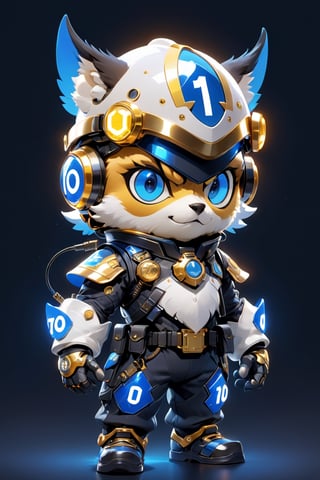 Create a digital mascot police with specs a blue and white eye mascot with neon wiring and translucent eye visor chip and circuitry, put a  helmet visor with gold and metallic translucent glass in the forehead, in the style of futuristic mascot, some translucent electrical wiring and gold metal bolt to form a majestic component formation on this mascot body, (((put number 10 on body))), This mascot shall be a luck totem and bless the owner with endless creativity in order to create a better digital world for Artificial intelligence Artist in the world! ***LENKAIZM***