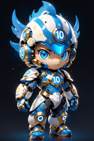 Create a digital mascot cyber justice with specs a blue and white eye mascot with neon wiring and translucent eye visor chip and circuitry, put a  helmet visor with gold and metallic translucent glass in the forehead, in the style of futuristic mascot, some translucent electrical wiring and gold metal bolt to form a majestic component formation on this mascot body, (((put number 10 on body))), This mascot shall be a luck totem and bless the owner with endless creativity in order to create a better digital world for Artificial intelligence Artist in the world! ***LENKAIZM***