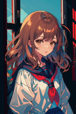 1girl, solo, long hair, looking at viewer, blush, bangs, brown hair, shirt, black hair, bow, ribbon, brown eyes, closed mouth, school uniform, white shirt, upper body, serafuku, indoors, sailor collar, black eyes, lips, neckerchief, window, blue sailor collar, red neckerchief,portrait