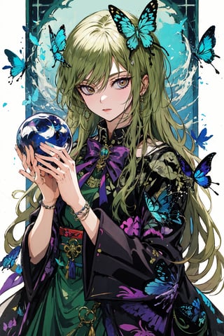 8k, (absurdres, highres, ultra detailed), a woman with long hair holding a crystal ball in her hands and surrounded by butterflies and butterflies around her, Anna Dittmann, anime art, a detailed painting, gothic art, animal, bee, beetle, bird, blue_butterfly, blue_dress, bug, butterfly, butterfly_hair_ornament, butterfly_on_hand, butterfly_print, butterfly_wings, crystal, dragonfly, dress, fairy, glowing_butterfly, hair_between_eyes, hair_ornament, kashiwazaki_sena, leaf, long_hair, long_sleeves, looking_at_animal, looking_at_viewer, origami, own_hands_together, paper_crane, solo, white_butterfly, yellow_butterfly