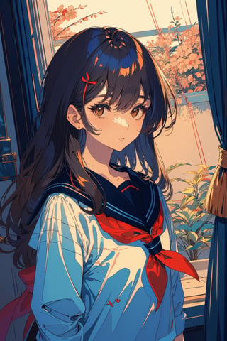 1girl, solo, long hair, looking at viewer, blush, bangs, brown hair, shirt, black hair, bow, ribbon, brown eyes, closed mouth, school uniform, white shirt, upper body, serafuku, indoors, sailor collar, black eyes, lips, neckerchief, window, blue sailor collar, red neckerchief,portrait,illustration,fcloseup