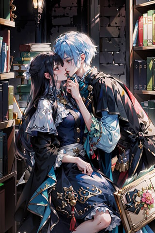 8k, middle world clothing, library, Rococo style, sweet, romance,midjourney, kissing