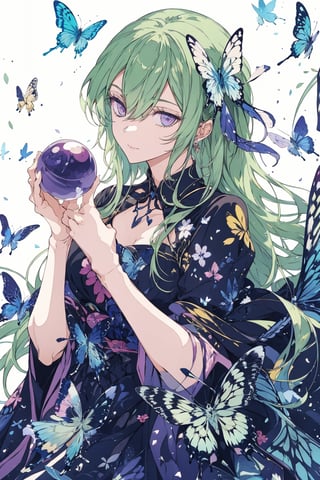 8k, (absurdres, highres, ultra detailed), a woman with long hair holding a crystal ball in her hands and surrounded by butterflies and butterflies around her, Anna Dittmann, anime art, a detailed painting, gothic art, animal, bee, beetle, bird, blue_butterfly, blue_dress, bug, butterfly, butterfly_hair_ornament, butterfly_on_hand, butterfly_print, butterfly_wings, crystal, dragonfly, dress, fairy, glowing_butterfly, hair_between_eyes, hair_ornament, kashiwazaki_sena, leaf, long_hair, long_sleeves, looking_at_animal, looking_at_viewer, origami, own_hands_together, paper_crane, solo, white_butterfly, yellow_butterfly