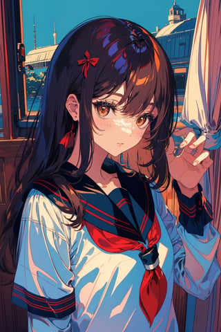 1girl, solo, long hair, looking at viewer, blush, bangs, brown hair, shirt, black hair, bow, ribbon, brown eyes, closed mouth, school uniform, white shirt, upper body, serafuku, indoors, sailor collar, black eyes, lips, neckerchief, window, blue sailor collar, red neckerchief,portrait,illustration,fcloseup