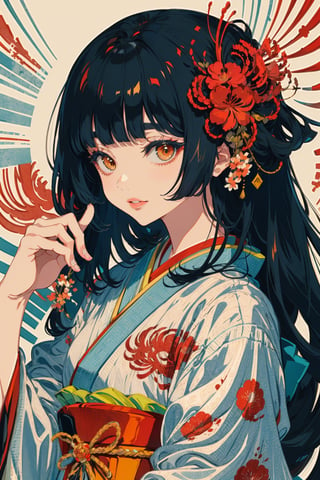 1girl, solo, long hair, looking at viewer, bangs, black hair, holding, brown eyes, upper body, flower, parted lips, japanese clothes, blunt bangs, kimono, lips, eyelashes, red flower, portrait, holding flower, spider lily