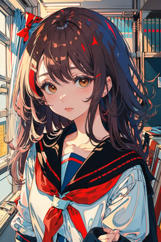 1girl, solo, long hair, looking at viewer, blush, bangs, brown hair, shirt, black hair, bow, ribbon, brown eyes, closed mouth, school uniform, white shirt, upper body, serafuku, indoors, sailor collar, black eyes, lips, neckerchief, window, blue sailor collar, red neckerchief