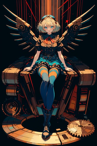 1girl, solo, looking at viewer, short hair, blue eyes, skirt, blonde hair, shirt, thighhighs, dress, ribbon, sitting, full body, short sleeves, pantyhose, boots, frills, wings, striped, black footwear, goggles, striped thighhighs, between legs, goggles on head, lolita fashion, v arms, hand between legs, gothic lolita, ankle boots, gears, mechanical wings, striped pantyhose, steampunk, belt boots