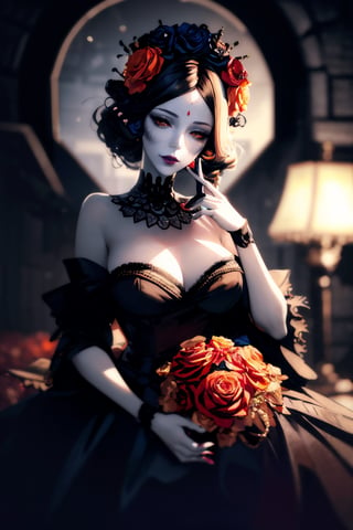 (Best quality, 8k, 32k, Masterpiece, UHD:1.2),  full body potrait of a woman with Catrina makeup, dia de los muertos, white make up, orange, black makeup, emulating a skull with the make up, orange flowers as ornament in hair, many orange flowers, wearing a gown, gloves  and attractive features, eyes, eyelid,  focus, depth of field, film grain,, ray tracing, ((contrast lipstick)), slim model, detailed natural real skin texture, visible skin pores, anatomically correct, night, cemetary background,  Catrina