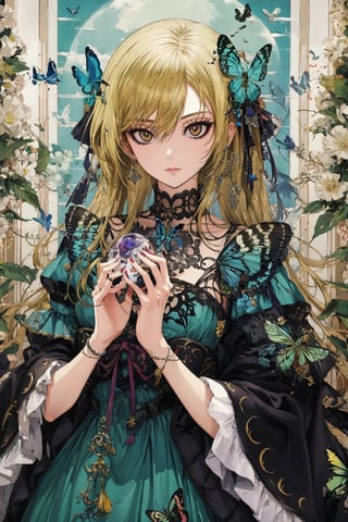 8k, (absurdres, highres, ultra detailed), a woman with long hair holding a crystal ball in her hands and surrounded by butterflies and butterflies around her, Anna Dittmann, anime art, a detailed painting, gothic art, animal, bee, beetle, bird, blue_butterfly, blue_dress, bug, butterfly, butterfly_hair_ornament, butterfly_on_hand, butterfly_print, butterfly_wings, crystal, dragonfly, dress, fairy, glowing_butterfly, hair_between_eyes, hair_ornament, kashiwazaki_sena, leaf, long_hair, long_sleeves, looking_at_animal, looking_at_viewer, origami, own_hands_together, paper_crane, solo, white_butterfly, yellow_butterfly