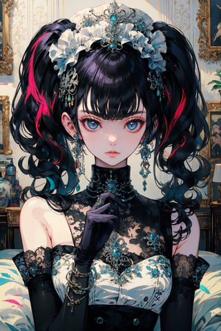 1girl, solo, long hair, breasts, looking at viewer, bangs, black hair, gloves, animal ears, bare shoulders, twintails, jewelry, closed mouth, upper body, multicolored hair, earrings, detached sleeves, black gloves, elbow gloves, indoors, lips, fur trim, maid headdress, on bed,portrait,illustration,fcloseup