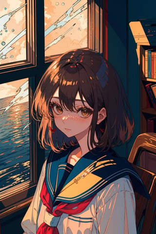 1girl, solo, long hair, looking at viewer, blush, bangs, brown hair, shirt, black hair, bow, ribbon, brown eyes, closed mouth, school uniform, white shirt, upper body, serafuku, indoors, sailor collar, black eyes, lips, neckerchief, window, blue sailor collar, red neckerchief,portrait