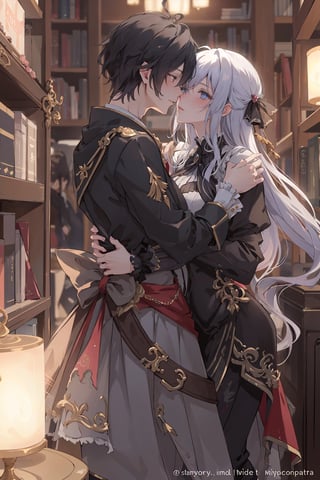 8k, middle world clothing, library, Rococo style, sweet, romance,midjourney, kissing