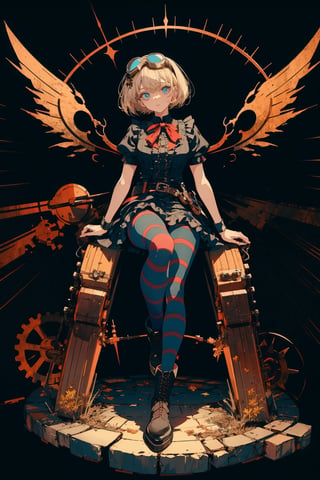 1girl, solo, looking at viewer, short hair, blue eyes, skirt, blonde hair, shirt, thighhighs, dress, ribbon, sitting, full body, short sleeves, pantyhose, boots, frills, wings, striped, black footwear, goggles, striped thighhighs, between legs, goggles on head, lolita fashion, v arms, hand between legs, gothic lolita, ankle boots, gears, mechanical wings, striped pantyhose, steampunk, belt boots