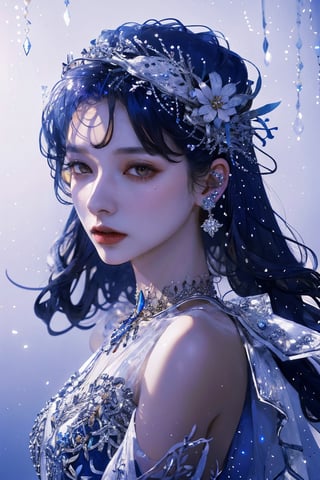 8k, (absurdres, highres, ultra detailed), (1lady), blue theme, snowflakes, looking at viewer, colorful hair, jewelry, close up, ultra high res, deep shadow,(best quality, masterpiece), dimly lit, shade,highly detailed, bold makeup, flower, simple background, depth of field, film grain, fashion_girl, accessories,High detailed