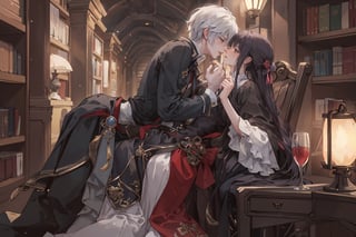 8k, middle world clothing, library, Rococo style, sweet, romance,midjourney, kissing