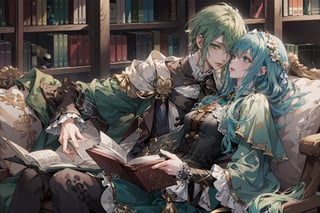 8k, (male_green_eyes), middle world clothing, library, Rococo style, sweet, romance,midjourney