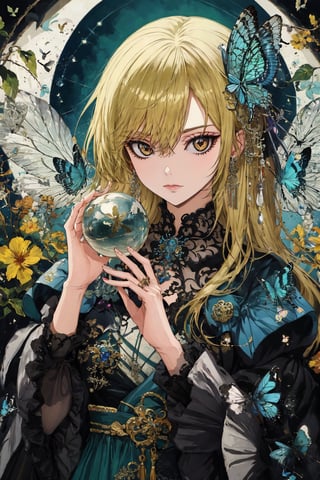 8k, (absurdres, highres, ultra detailed), a woman with long hair holding a crystal ball in her hands and surrounded by butterflies and butterflies around her, Anna Dittmann, anime art, a detailed painting, gothic art, animal, bee, beetle, bird, blue_butterfly, blue_dress, bug, butterfly, butterfly_hair_ornament, butterfly_on_hand, butterfly_print, butterfly_wings, crystal, dragonfly, dress, fairy, glowing_butterfly, hair_between_eyes, hair_ornament, kashiwazaki_sena, leaf, long_hair, long_sleeves, looking_at_animal, looking_at_viewer, origami, own_hands_together, paper_crane, solo, white_butterfly, yellow_butterfly