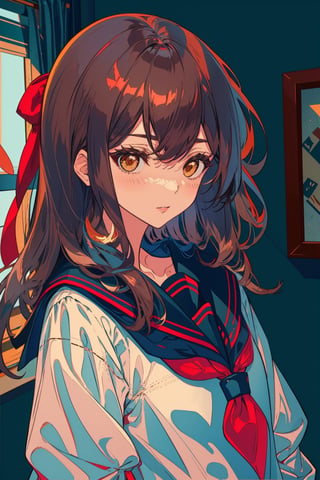 1girl, solo, long hair, looking at viewer, blush, bangs, brown hair, shirt, black hair, bow, ribbon, brown eyes, closed mouth, school uniform, white shirt, upper body, serafuku, indoors, sailor collar, black eyes, lips, neckerchief, window, blue sailor collar, red neckerchief,portrait