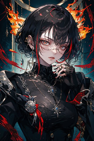 A mysterious figure emerges from a haze of red smoke, against a backdrop of fiery crimson. Jet-black hair frames piercing eyes that lock onto the viewer. Blue-hued tips peek out from beneath a black shirt, complemented by a delicate necklace and multiple rings on her fingers and ears. Her parted lips seem to invite a whisper. Multicolored eyes gleam with intrigue as she raises one hand in a subtle gesture, blue-painted nails shimmering in dim light. A silver mask covers half her face, adding enigmatic charm to this captivating solo portrait.