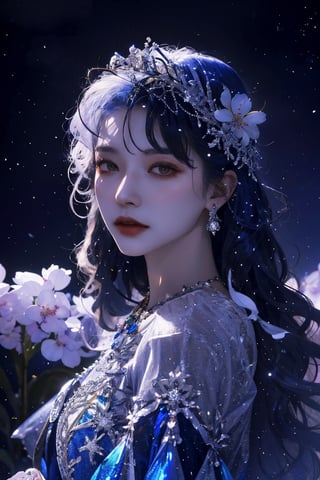 8k, (absurdres, highres, ultra detailed), (1lady), blue theme, snowflakes, looking at viewer, colorful hair, jewelry, close up, ultra high res, deep shadow,(best quality, masterpiece), dimly lit, shade,highly detailed, bold makeup, flower, simple background, depth of field, film grain, fashion_girl, accessories,High detailed