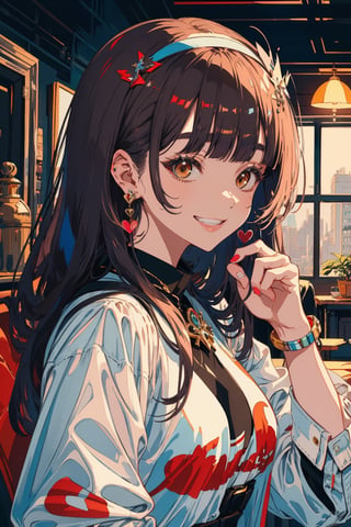 1girl, solo, long hair, looking at viewer, smile, bangs, brown hair, shirt, holding, brown eyes, jewelry, white shirt, upper body, heart, hairband, earrings, teeth, blunt bangs, grin, lips, animal, cat, holding animal