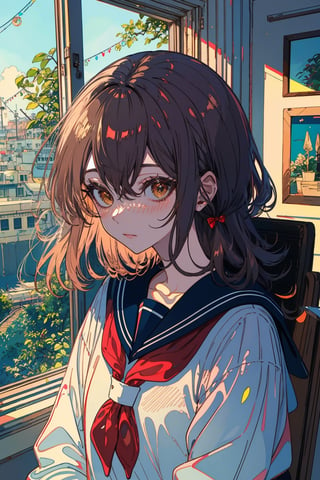 1girl, solo, long hair, looking at viewer, blush, bangs, brown hair, shirt, black hair, bow, ribbon, brown eyes, closed mouth, school uniform, white shirt, upper body, serafuku, indoors, sailor collar, black eyes, lips, neckerchief, window, blue sailor collar, red neckerchief,portrait