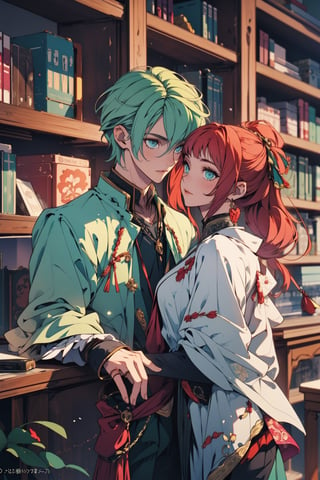 8k, (male_green_eyes), middle world clothing, Rococo style, sweet, romance,midjourney, library,