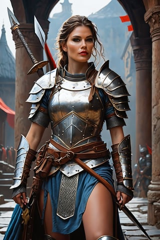 Photo of a beautiful girl as a warrior, model shoot style, extremely detailed CG unity 8k wallpaper, full body shot of the most beautiful artwork in the world, medieval armor, professional majestic oil painting style by Ed Blinkey, Atey Ghailan, Studio Ghibli, by Jeremy Mann, Greg Manchess, Antonio Moro, trending on ArtStation, trending on CGSociety, Intricate, High Detail, Sharp focus, dramatic, photorealistic painting art by midjourney and Greg Rutkowski. (((Photorealism:1.4))), 