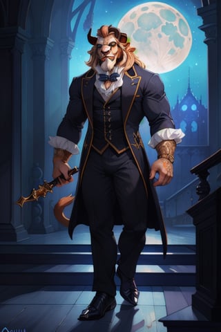 (by Darkgem, by Oouna, by honovy, By TheBigSlick, By phinnherz), male, beast (disney), solo, front view, clothed, clothing, wearing victorian suit, suit, fancy, bottomwear, muscular, horn, tail, lion tail, cathedral, moonlight, night, rose, holding object