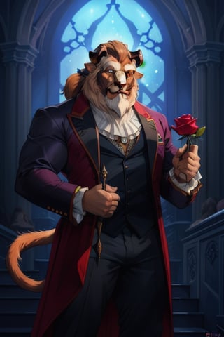 (by Darkgem, by Oouna, by honovy, By TheBigSlick, By phinnherz), male, beast (disney), solo, front view, clothed, clothing, wearing victorian suit, suit, fancy, bottomwear, muscular, horn, tail, lion tail, cathedral, moonlight, night, rose, holding object