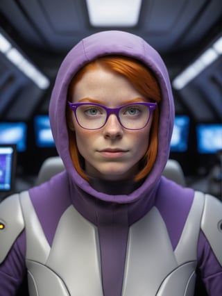 photo r3al, photorealistic, masterpiece, hyperdetailed photography of a beautiful cute ginger nerdy woman, best quality, 8k UHD, 8k, ultra quality, ultra detailed, closed mouth, smirking, warm lighting, daylight, soft lighting, (closeup), looking_at_viewer, glasses, (gray suit), purple hood, (short hair), smooth face, monitors in background, spaceship interior, facing viewer, 