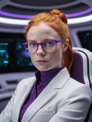 photo r3al, photorealistic, masterpiece, hyperdetailed photography of a beautiful cute ginger nerdy woman, best quality, 8k UHD, 8k, ultra quality, ultra detailed, closed mouth, smirking, warm lighting, daylight, soft lighting, (closeup), looking_at_viewer, glasses, (white based suit with purple details), bun, smooth face, monitors in background, spaceship interior, facing viewer,