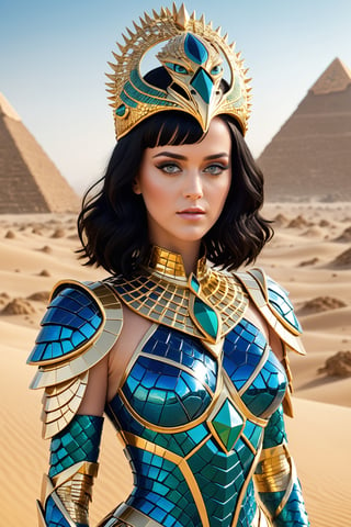 ultra realistic, best quality, cinematic, ultra detailed picture of hybrid of Katy Perry as reptilian wearing an intricate form-fitting outfit with sharp mirror shards and reptile elements in an egyptian desert landscape with pyramids, sharp focus, work of beauty and complexity invoking a sense of magic and fantasy, 8k UHD, golden aura, glowing, upper body, (((closed mouth))), crystal diadem, black hair,