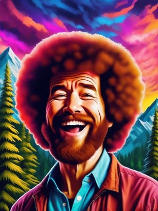 Bob Ross portrait, pine trees, mountains, landscape art, Leonardo Style, Bold, Digital Painting, Edgy, Colorful, 8K UHD, Intricate Details, sunshine, happy lighting, hyper-realistic details, with digital painting techniques, trending on Artstation, cinematic lighting, psychedelic, psy art, realistic hair, detailed hair, upper body, ,psychedelic