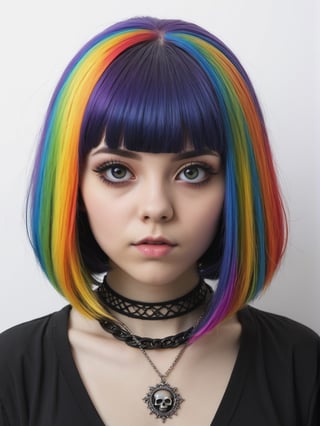 photo r3al, cute goth girl, cartoon style, 25 years old, long hair, facing viewer, looking at viewer, front view, white wall background, bob cut, short hair, rainbow hair, upper body, masterpiece, photorealistic, hyperdetailed photography, closed mouth, gothic, kawaii, neck chain, jewelry