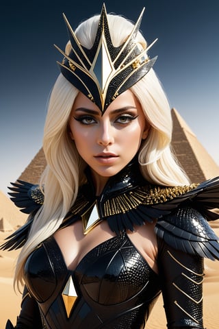 ultra realistic, best quality, cinematic, ultra detailed picture of Lady Gaga wearing a black intricate form-fitting outfit with golden sharp mirror shards and reptile elements in an egyptian desert landscape with smooth white pyramids, sharp focus, work of beauty and complexity invoking a sense of magic and fantasy, white pyramids, 8k UHD, dark aura, glowing, upper body, (((closed mouth))), black feathers diadem, night