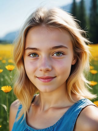 perfect photo, masterpiece, photography, photorealistic, ultra quality, ultra detailed, detaied face, 8k, female_solo, young, cute, blonde, 18 years old, standing, outdoor, meadow path, flowers, closeup, summer dress, colorful, upper body, front view, plain, natural, average, sunny weather, looking up, happy, playful, natural beauty, upper body, closeup, facing_viewer, front_view, 