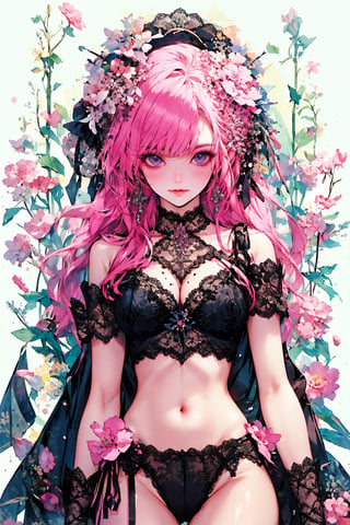 1girl, solo, long hair, breasts, looking at viewer, blush, smile, bangs, large breasts, hair ornament, navel, cleavage, closed mouth, underwear, standing, collarbone, panties, pink hair, flower, short sleeves, sidelocks, thighs, cowboy shot, open clothes, pointy ears, hair flower, pink eyes, stomach, bra, mole, arms up, groin, see-through, black panties, highleg, lingerie, black bra, elf, lace trim, arms behind head, lace, bubble, contrapposto, mole on breast, highleg panties, string panties, lace-trimmed panties, lace-trimmed bra, lace panties, multi-strapped panties