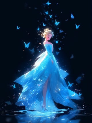 a girl in a blue dress with butterflies flying around her, elsa frozen, pinterest anime, disney art, anime vfx, beautiful elsa, disney princess, beautiful anime art, cgsociety 9, anime picture, beautiful anime style, disney pixar movie still, animated movie still, hd anime wallpaper, portrait of elsa of arendelle, beautiful adult fairy, by Glen Keane