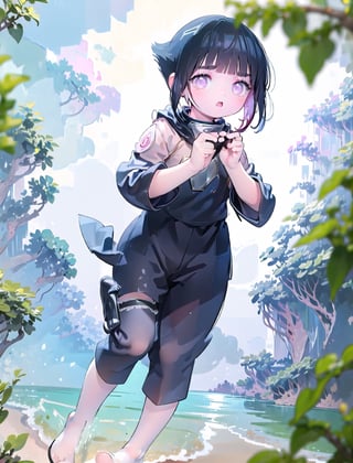 (masterpiece), best quality, 1 girl, nice hands, Hinata, Naruto,cuteloli, Hinata hyuga in action, village leaf ninja, ninja surrican, in beach uniform 