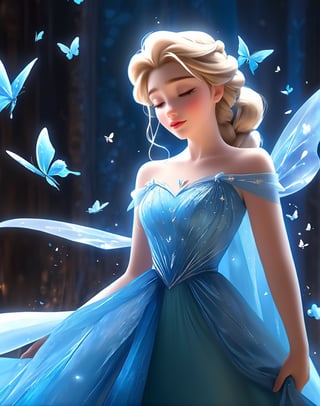 a girl in a blue dress with butterflies flying around her, elsa frozen, pinterest anime, disney art, anime vfx, beautiful elsa, disney princess, beautiful anime art, cgsociety 9, anime picture, beautiful anime style, disney pixar movie still, animated movie still, hd anime wallpaper, portrait of elsa of arendelle, beautiful adult fairy, by Glen Keane