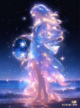 a girl in a long dress standing on the beach, beauttiful stars, pinterest anime, beautiful stars, falling star on the background, the sailor moon. beautiful, twinkling stars, night time with starry sky, night stars, very beautiful fantasy art, anime fantasy artwork, luminous stellar sky, very magical and dreamy, wallpaper anime blue water, cosmic goddess