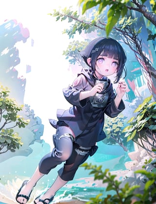 (masterpiece), best quality, 1 girl, nice hands, Hinata, Naruto,cuteloli, Hinata hyuga in action, village leaf ninja, ninja surrican, in beach uniform 