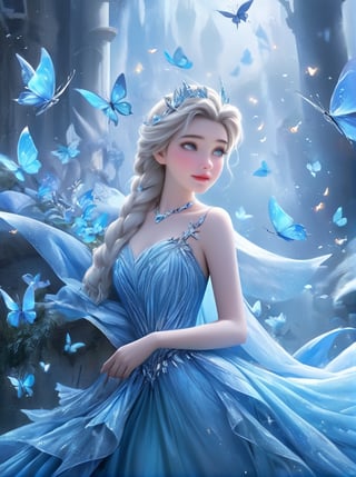 a woman in a blue dress surrounded by butterflies, elsa frozen, disney art, fairytale artwork, magical dress, beautiful adult fairy, stunning 3d render of a fairy, beautiful fairy, magical fairy background, by Nele Zirnite, beautiful avatar pictures, elsa from frozen, beautiful render of a fairytale, portrait of elsa of arendelle, very beautiful fantasy art, cinderella