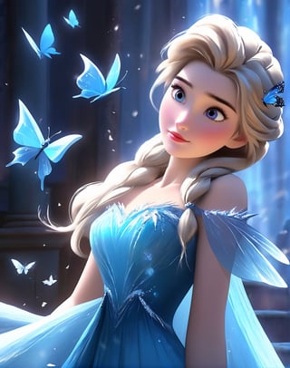 a girl in a blue dress with butterflies flying around her, elsa frozen, pinterest anime, disney art, anime vfx, beautiful elsa, disney princess, beautiful anime art, cgsociety 9, anime picture, beautiful anime style, disney pixar movie still, animated movie still, hd anime wallpaper, portrait of elsa of arendelle, beautiful adult fairy, by Glen Keane