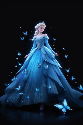 a woman in a blue dress surrounded by butterflies, elsa frozen, disney art, fairytale artwork, magical dress, beautiful adult fairy, stunning 3d render of a fairy, beautiful fairy, magical fairy background, by Nele Zirnite, beautiful avatar pictures, elsa from frozen, beautiful render of a fairytale, portrait of elsa of arendelle, very beautiful fantasy art, cinderella