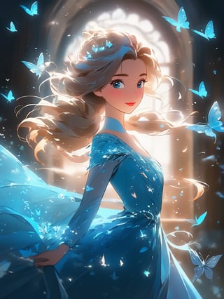 a girl in a blue dress with butterflies flying around her, elsa frozen, pinterest anime, disney art, anime vfx, beautiful elsa, disney princess, beautiful anime art, cgsociety 9, anime picture, beautiful anime style, disney pixar movie still, animated movie still, hd anime wallpaper, portrait of elsa of arendelle, beautiful adult fairy, by Glen Keane